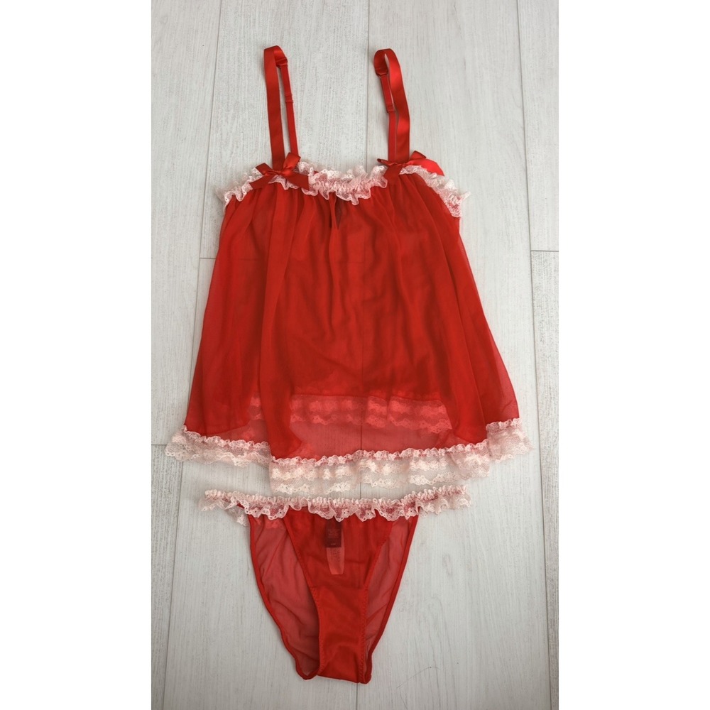 Victoria's Secret Cami & Panty Set Sz M Red Sheer Coquette Lingerie